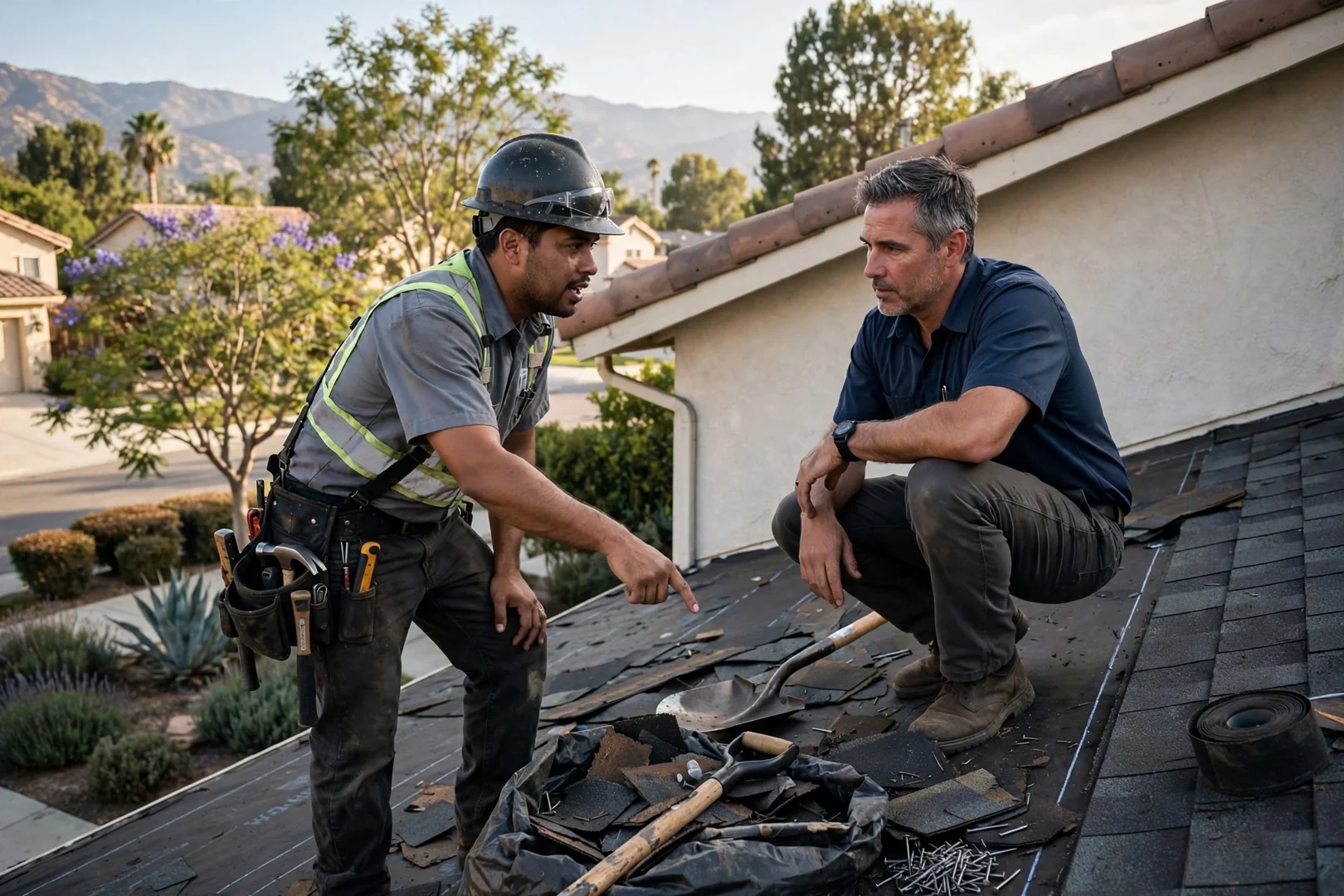 Project manager reviewing a commercial roof estimate on a low-slope rooftop in Arcadia