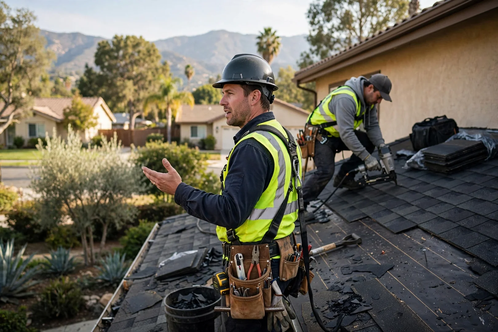 Roofing technician reviewing commercial flat roof membrane seams on an Arcadia building
