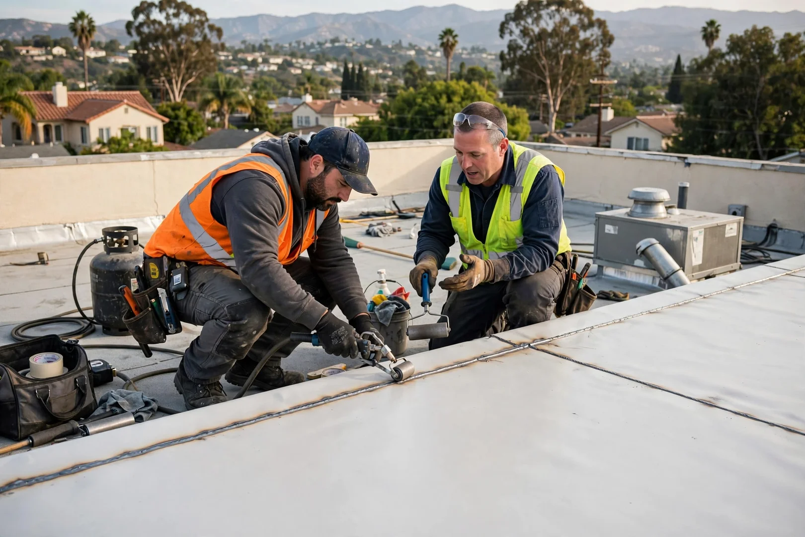 Newly welded TPO membrane covering a flat commercial roof in Arcadia