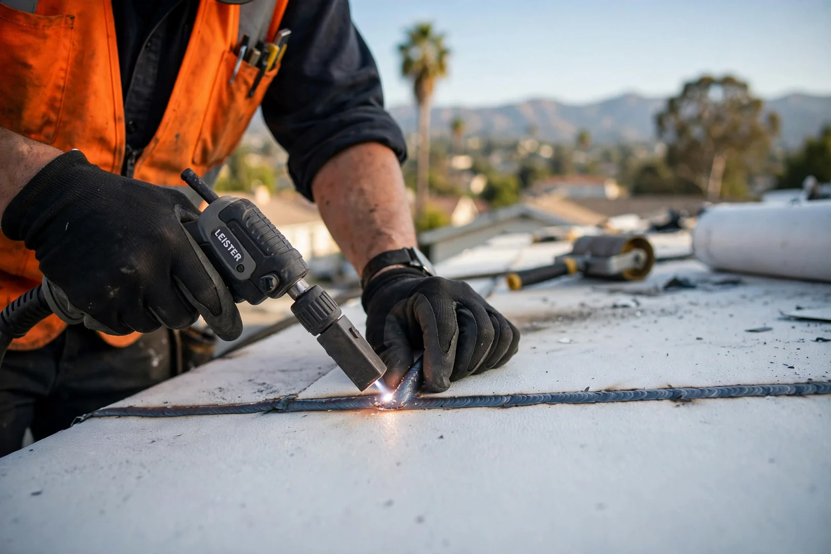 Close-up of hot-air welded membrane seam along a low-slope retail roof