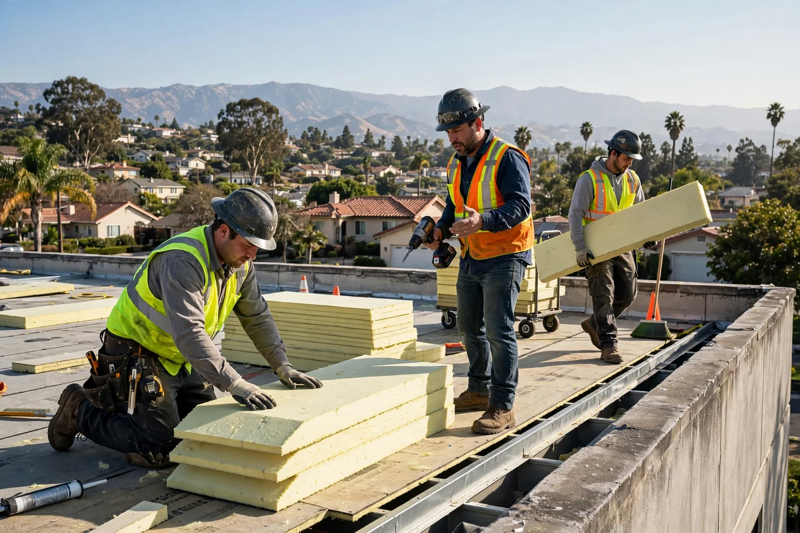 Roofing crew installing tapered insulation board on a warehouse deck