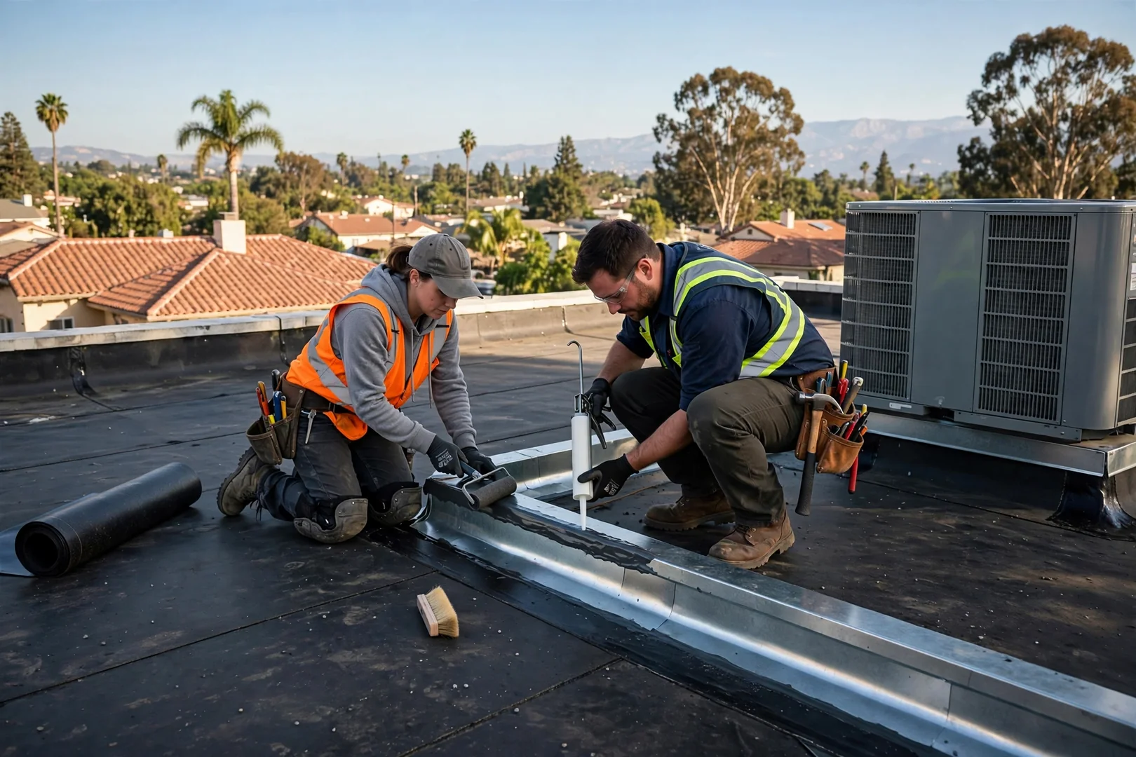Rebuilt base flashing around rooftop HVAC curb on an office building