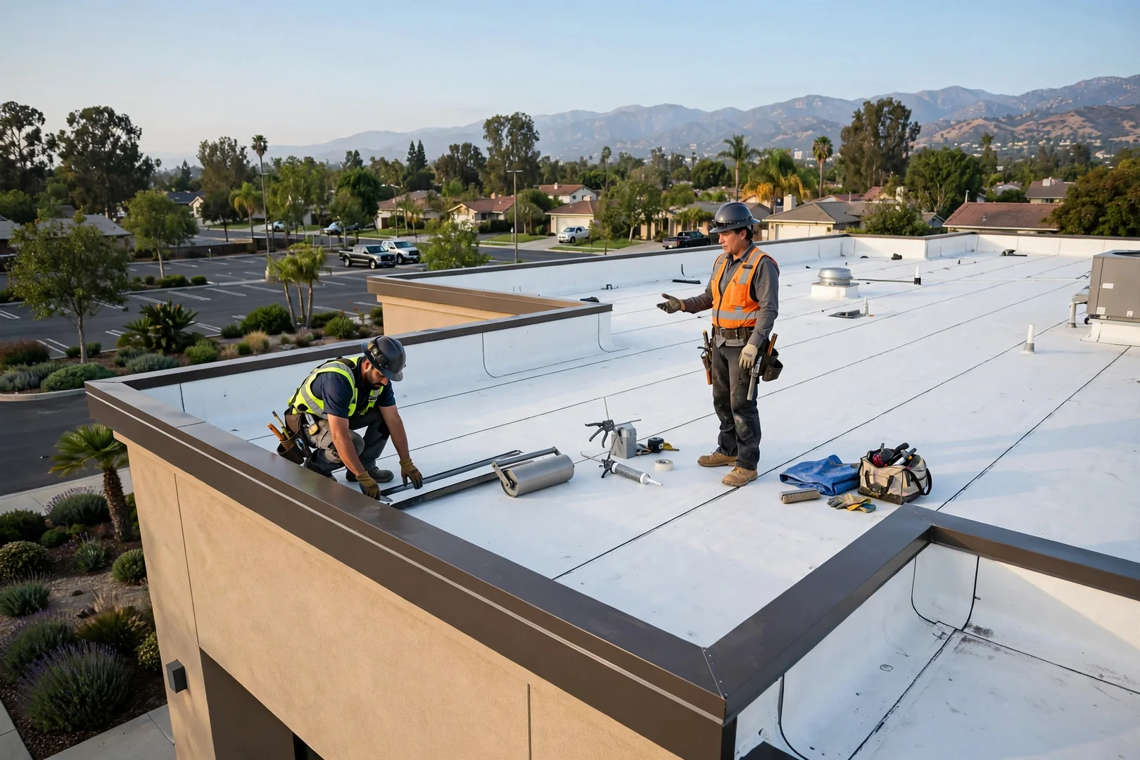 Wide view of completed commercial roof with clean parapet and edge metal