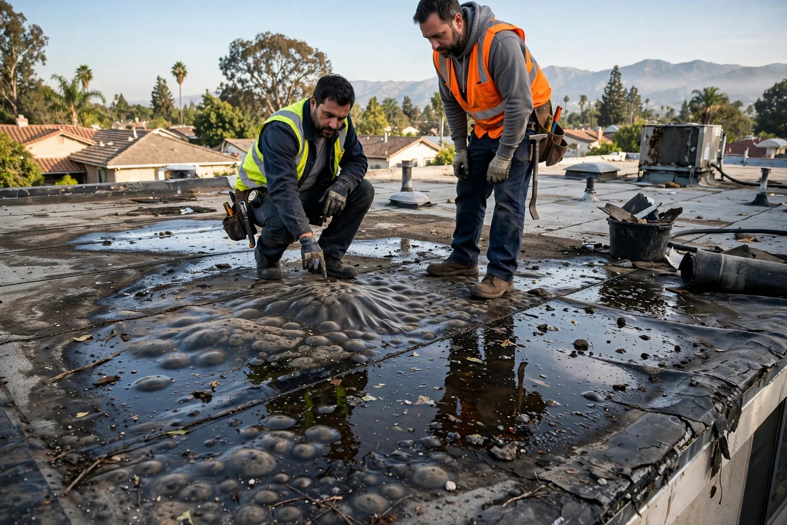 Aged ponding water and blistered membrane before replacement work begins