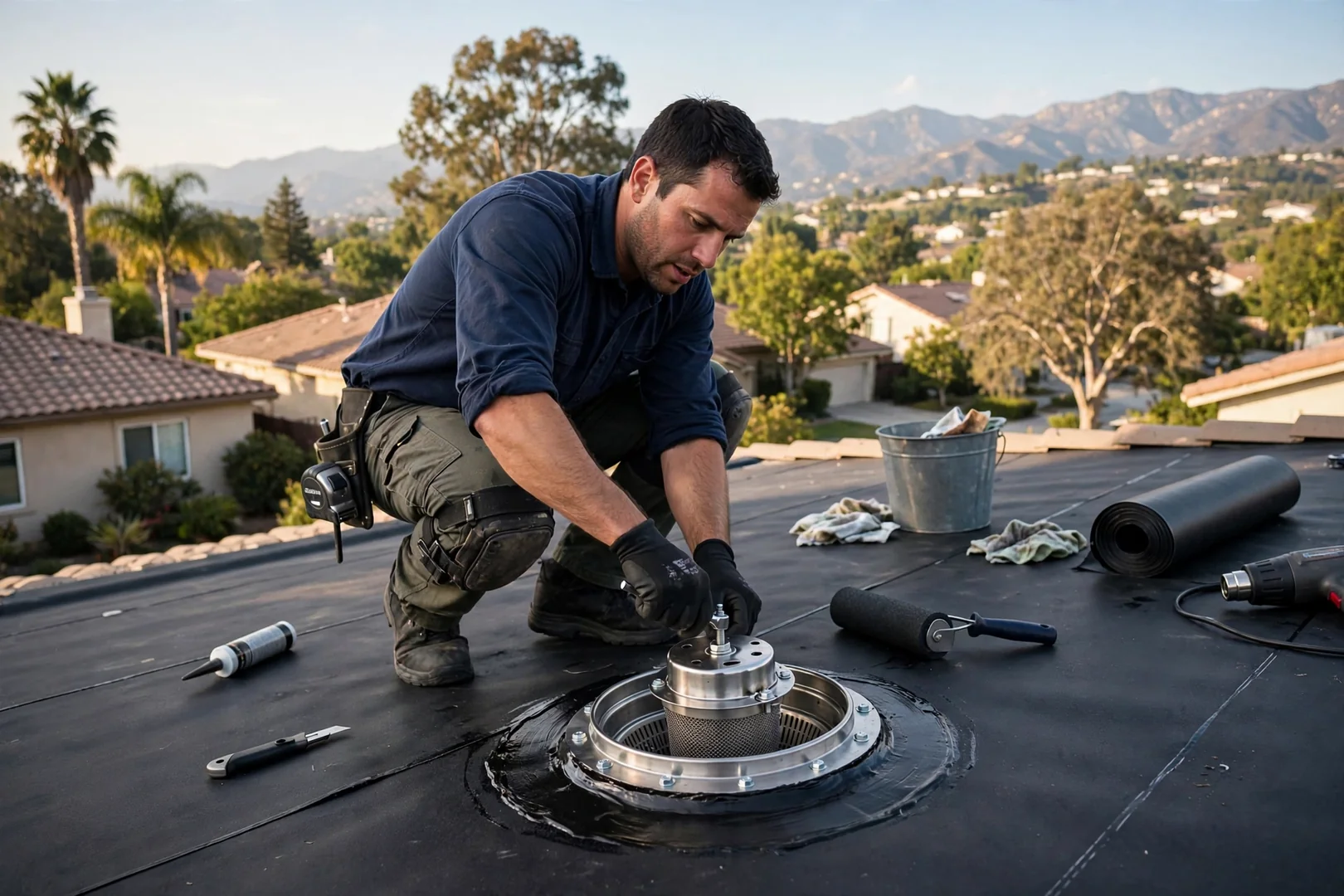 New roof drain assembly and strainer set into fresh membrane field