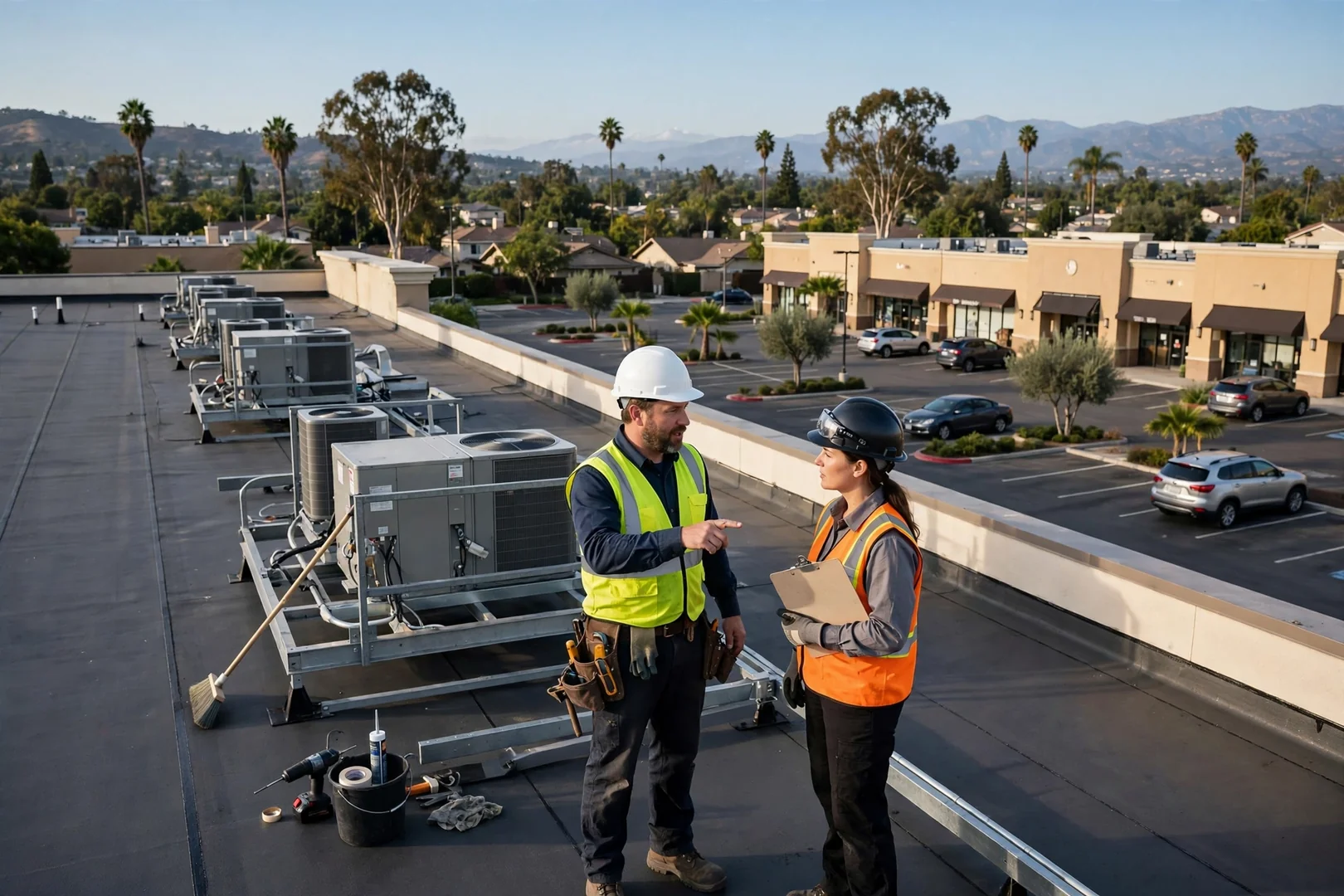 Finished strip center roof with tidy equipment platforms and swept parking lot