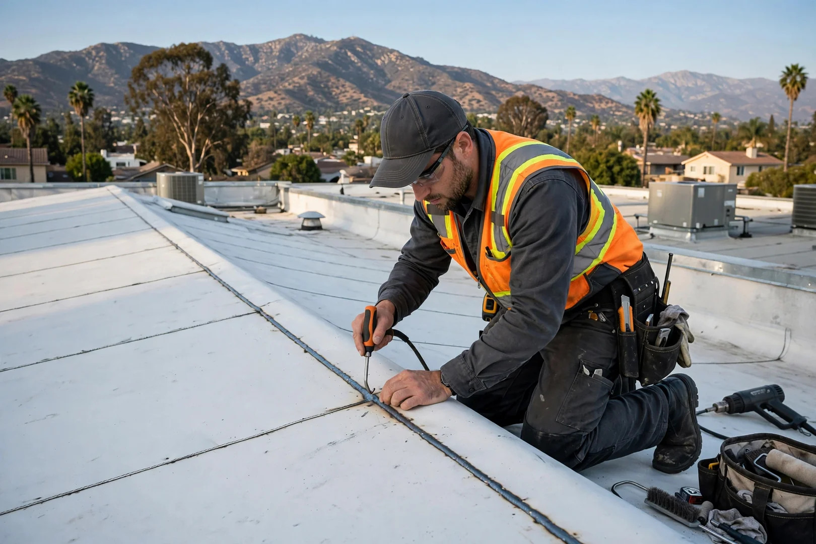 Technician inspecting seam welds along a low-slope commercial membrane roof