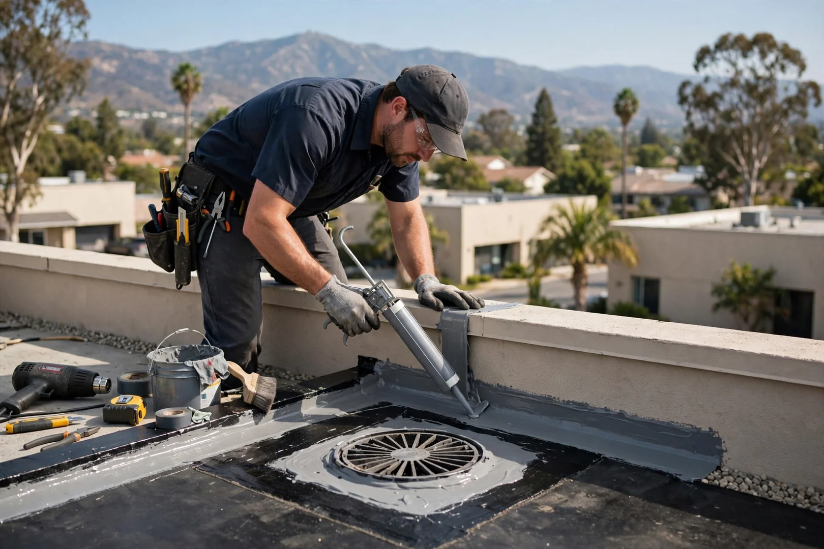 Flat roof drain and flashing detail on an Arcadia commercial building