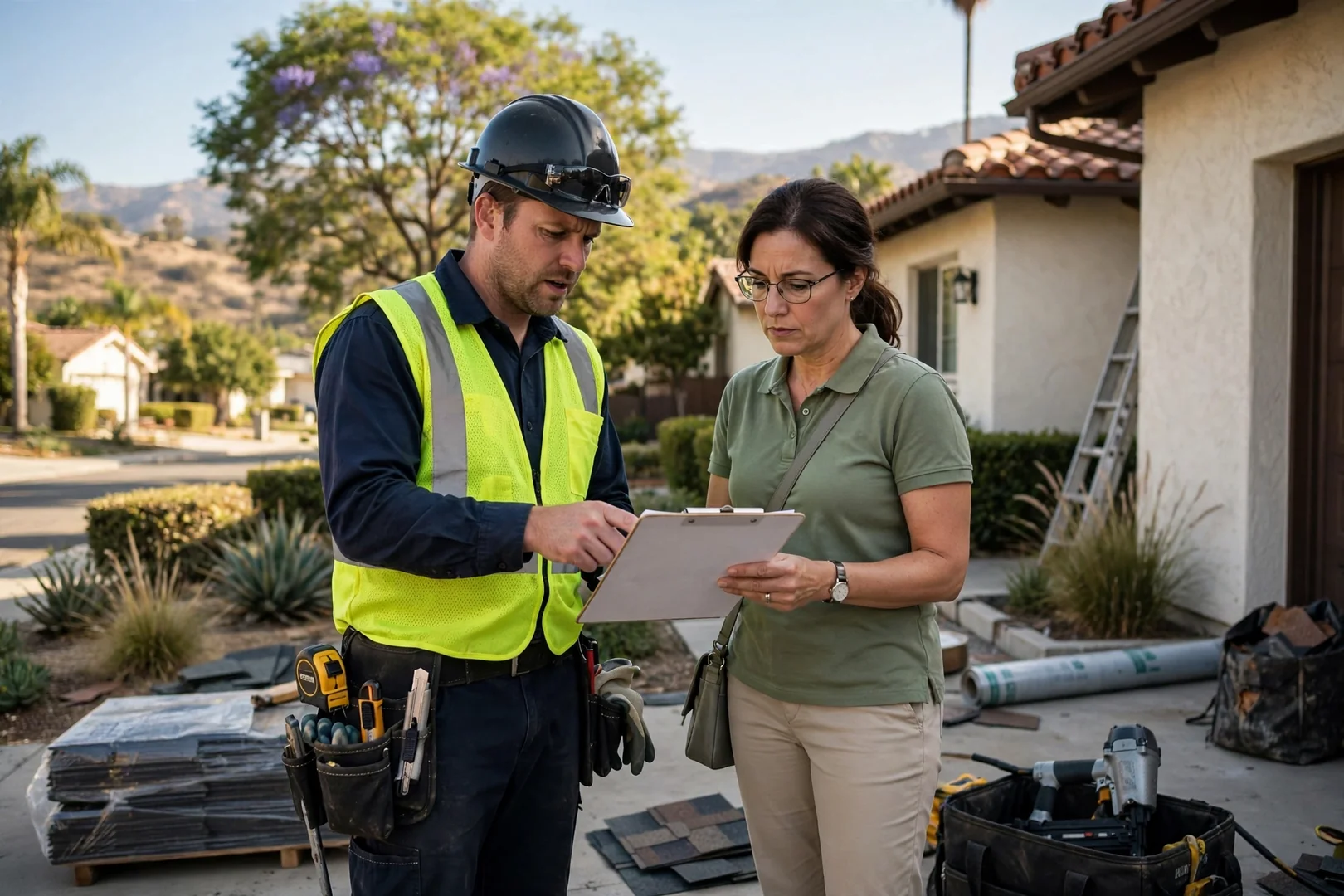 Project manager reviewing a written roofing estimate with a property manager