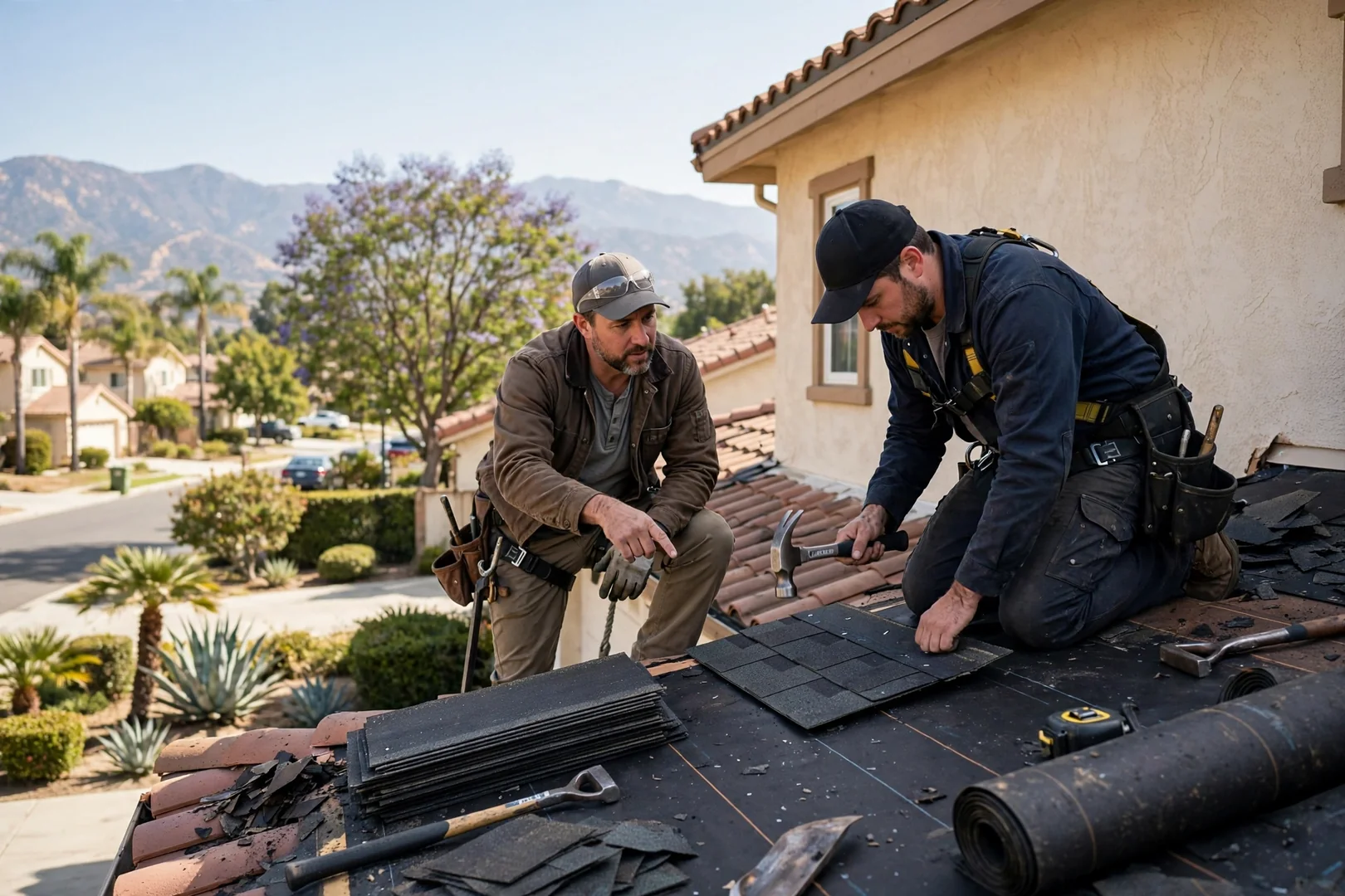 Estimator measuring roofline footage for a gutter installation quote on an Arcadia property