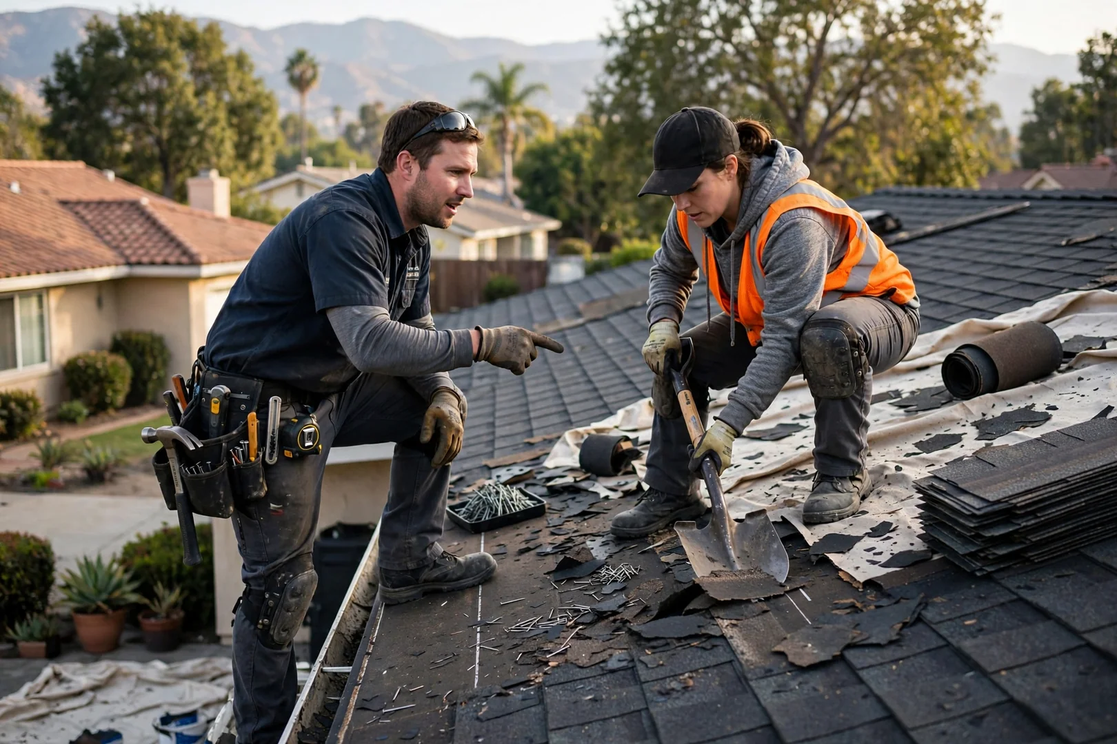 Crew reviewing written gutter estimate with a homeowner outside