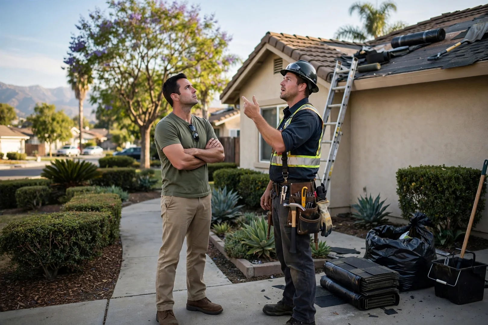 Installer securing seamless aluminum gutter along a residential roofline in Arcadia