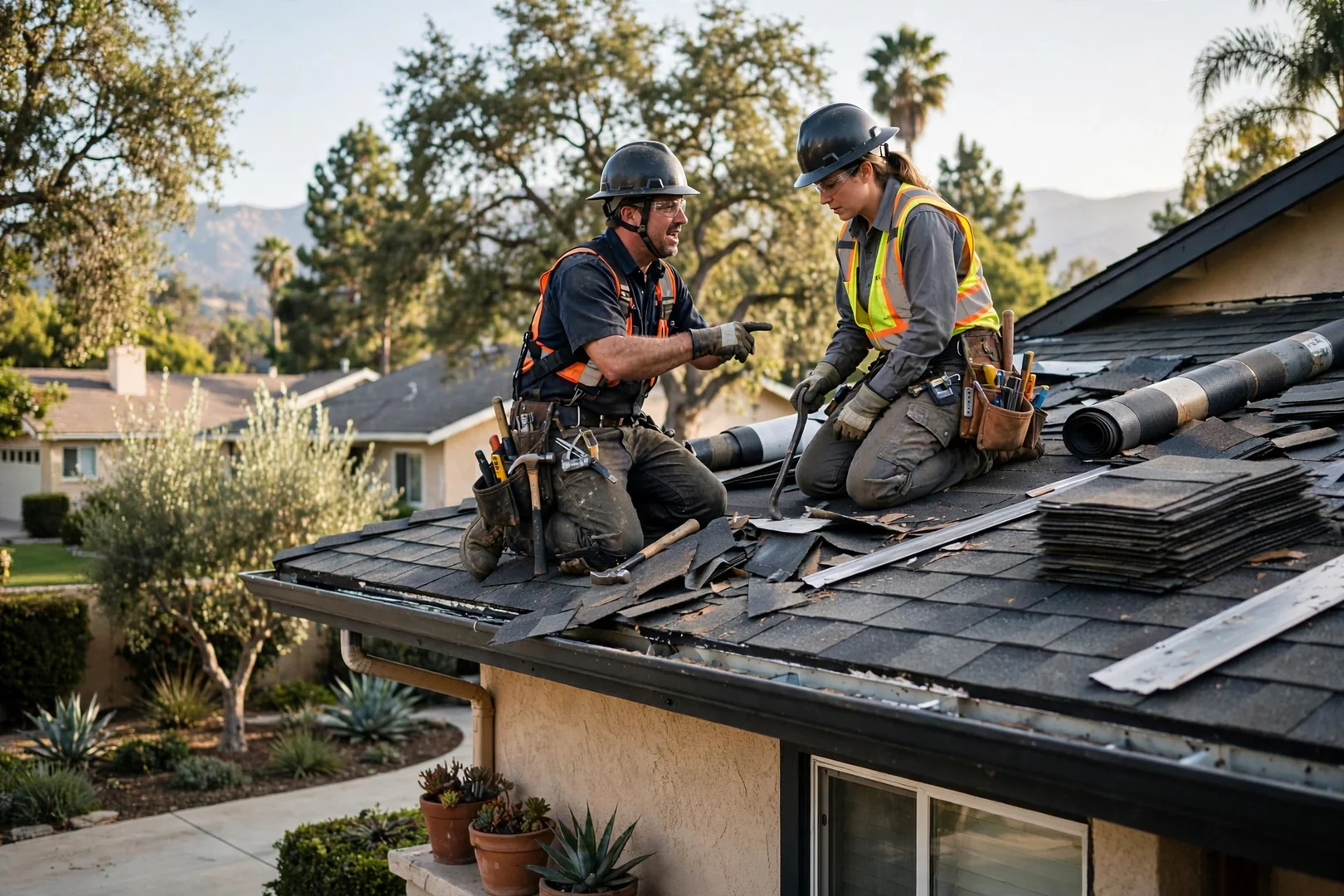 Roofing technician mounting seamless aluminum gutter along the fascia of an Arcadia home