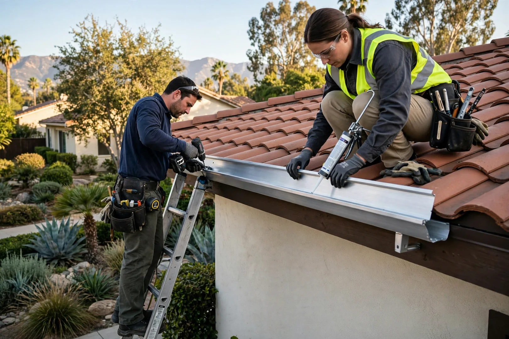 Seamless aluminum gutter run installed along the roof edge of an Arcadia home