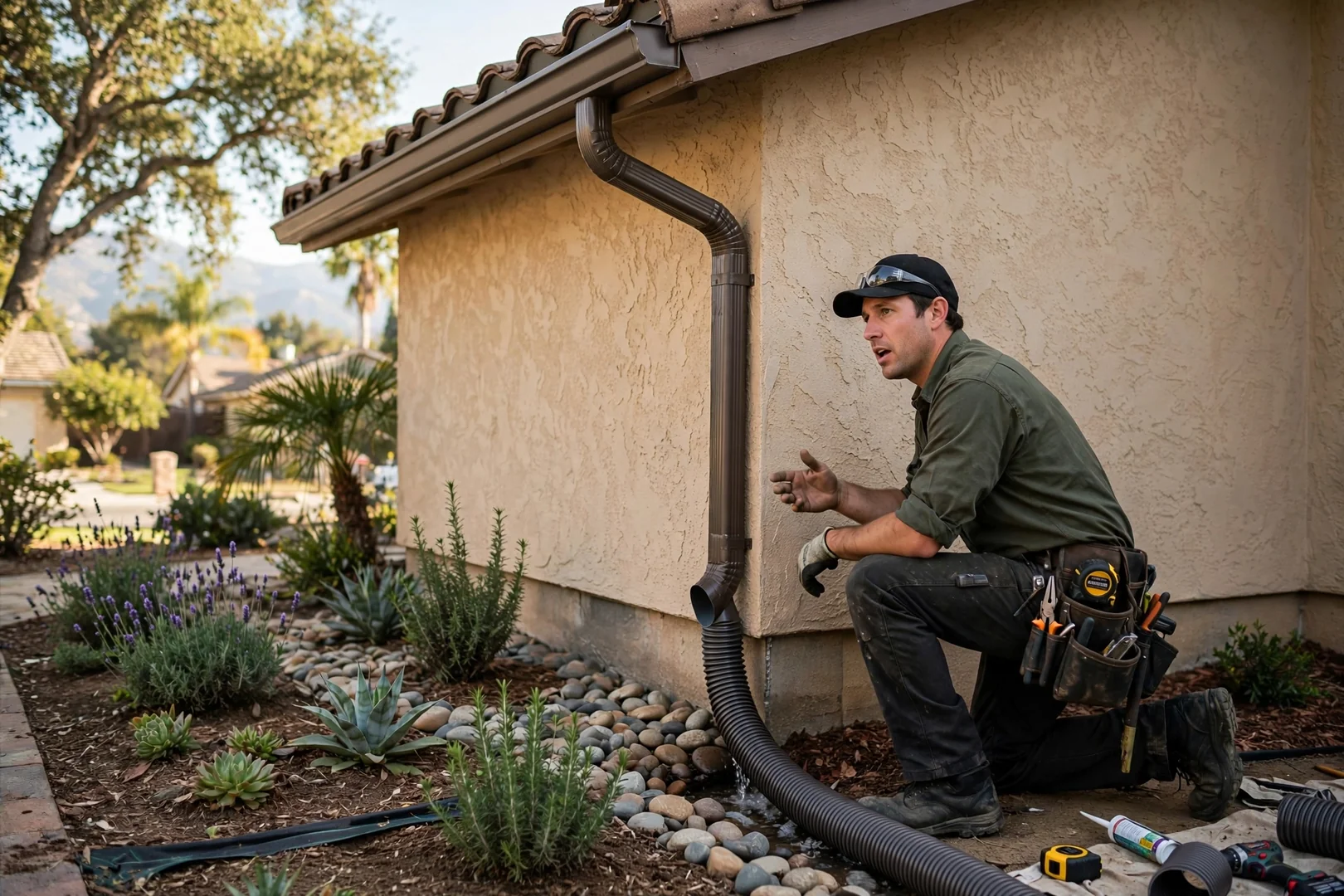 Downspout and extension routing runoff away from foundation and planting beds