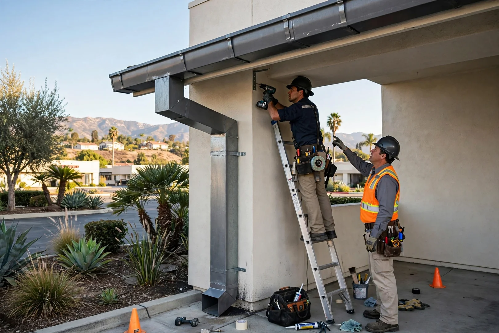 Commercial building with heavy gauge gutters and oversized downspout outlets