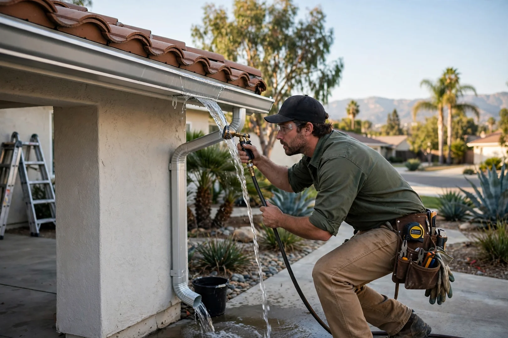 Water test flushing a newly installed gutter run to confirm proper pitch