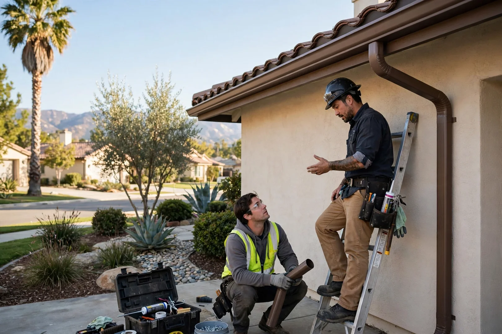 Finished color-matched gutter line framing a well-maintained residential exterior