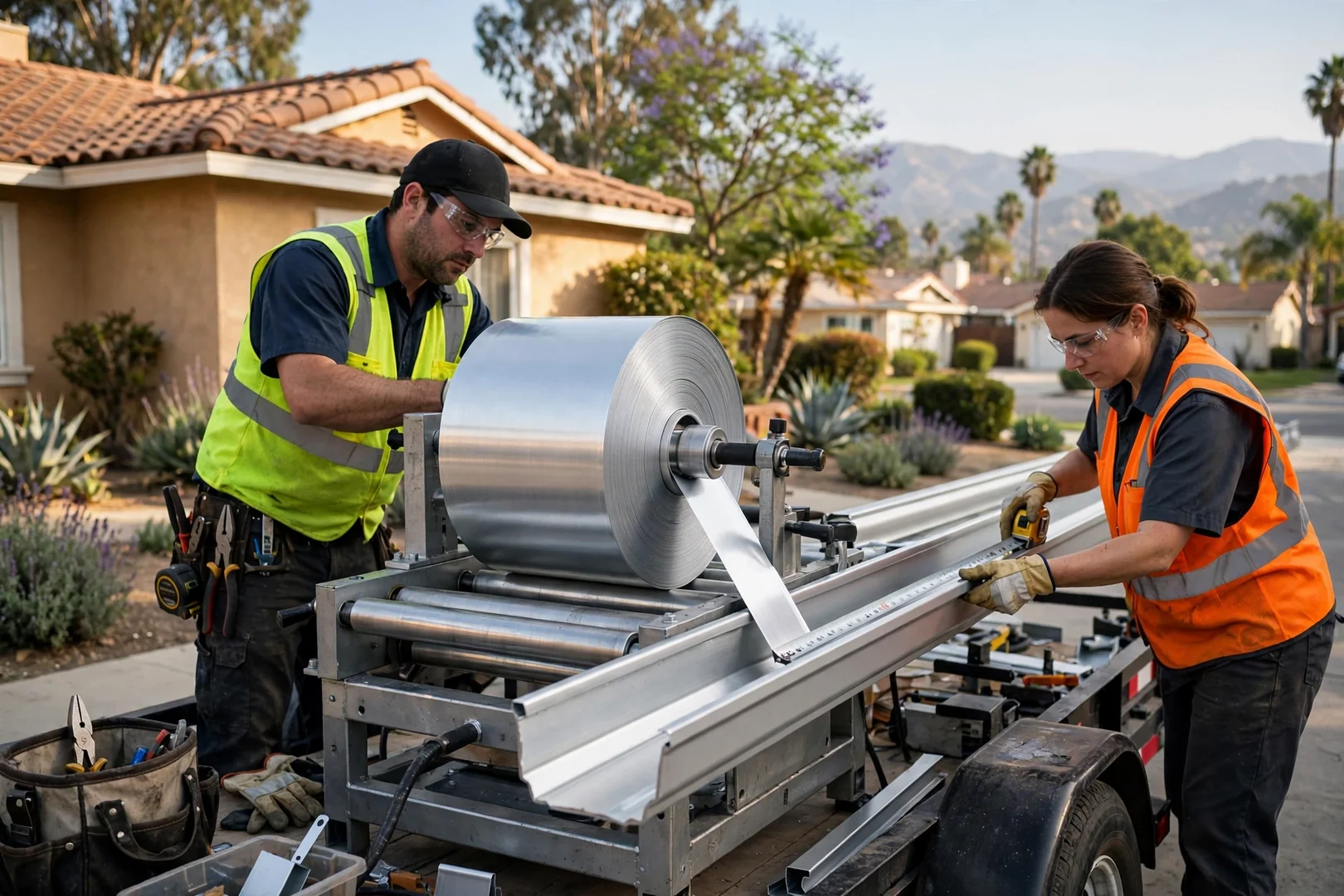 Seamless gutter coil being roll-formed on site for a custom length run