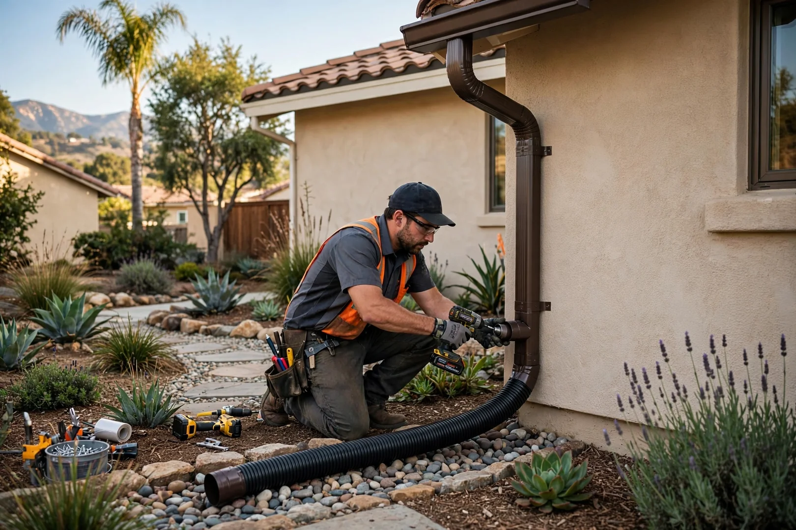 New downspout directing roof runoff away from a landscaped home foundation