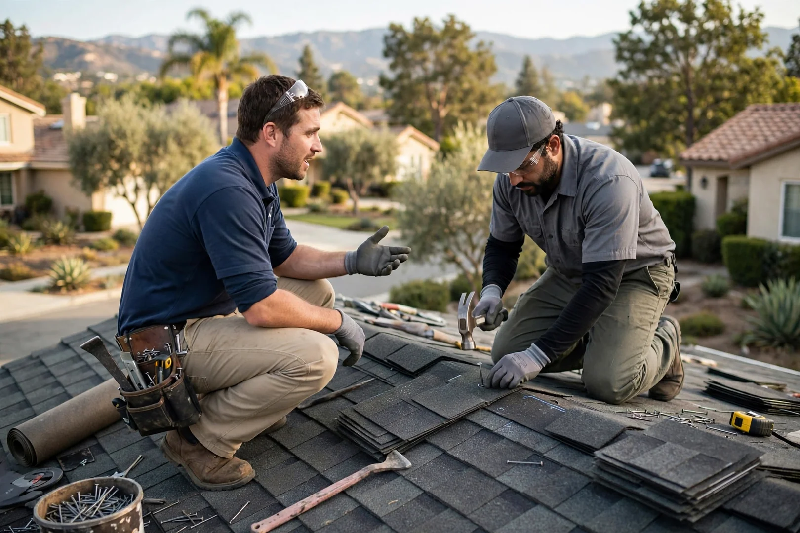 Roofer fastening concealed clips along a metal roof seam