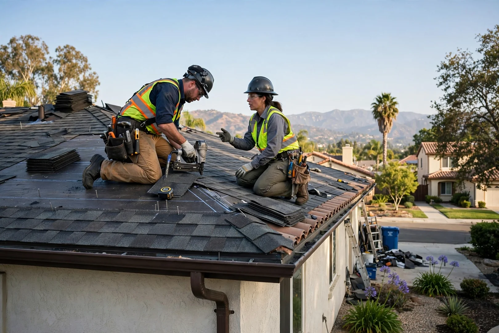 Roofing crew installing standing seam metal panels on an Arcadia residential roof