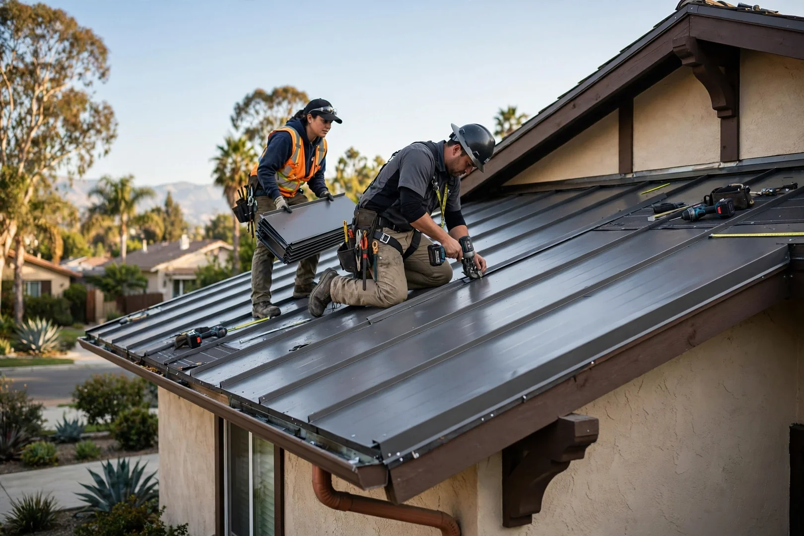 Standing seam metal roof panels installed on a single-family Arcadia home