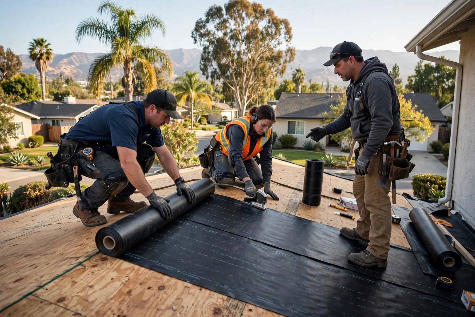 Roofing crew setting synthetic underlayment over prepared plywood deck before metal panels