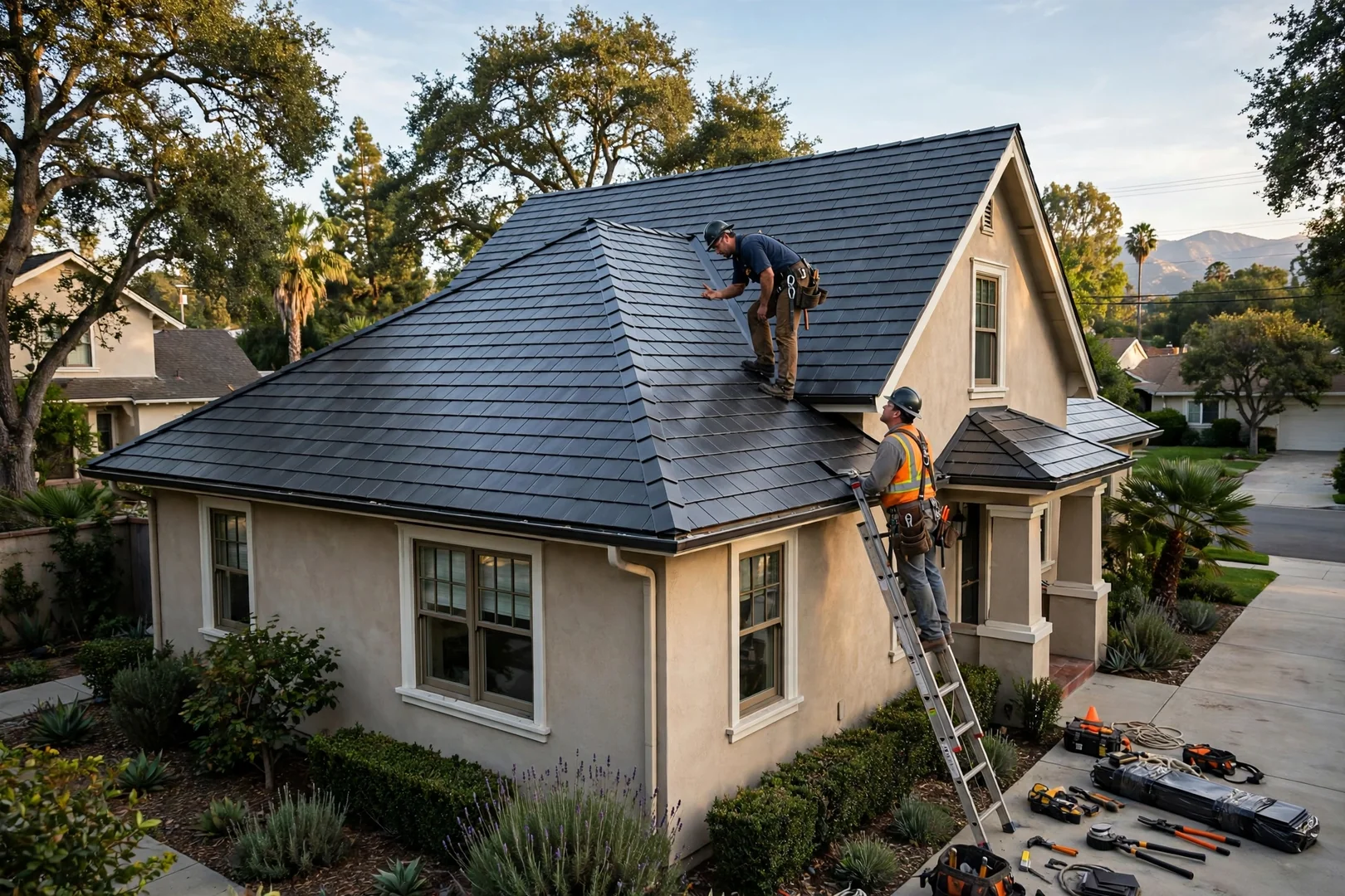 Wide shot of finished metal shingle roof matching traditional neighborhood architecture