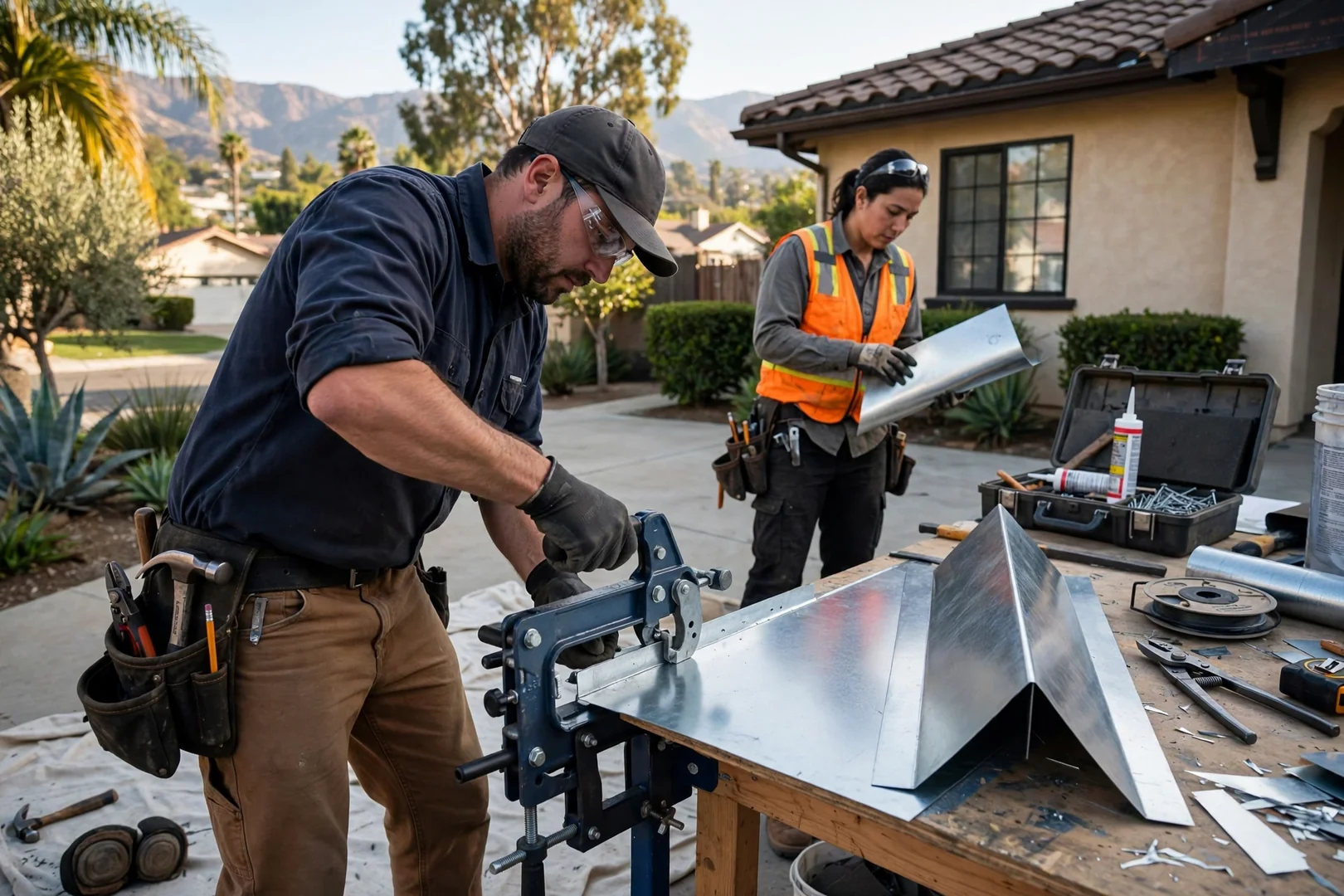 Portable sheet metal brake forming custom valley flashing on site