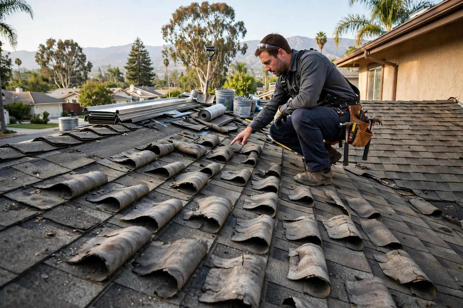 Aging asphalt shingle roof with curling tabs before metal roofing replacement