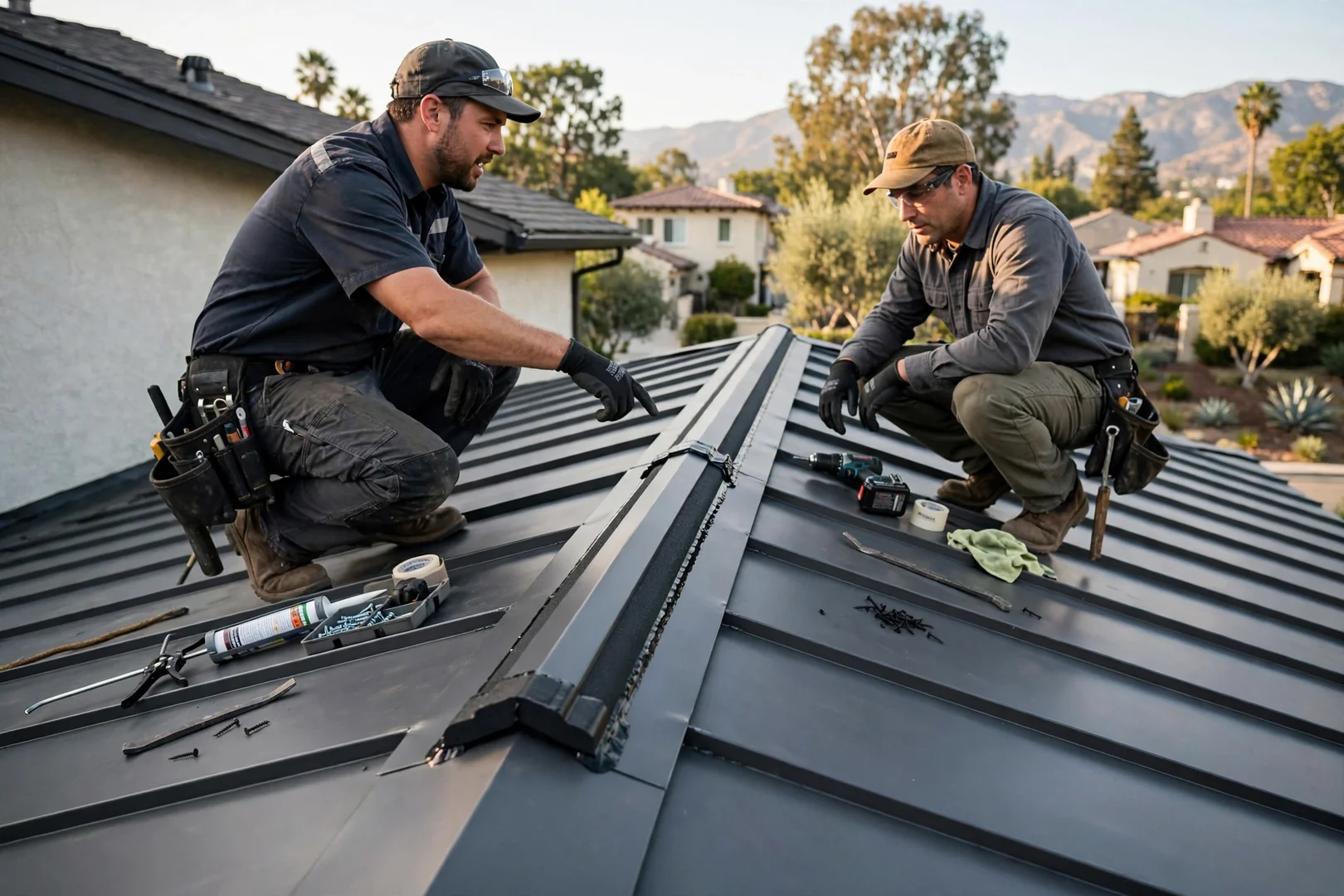 Ridge vent and closure detail completed along a new metal roof peak