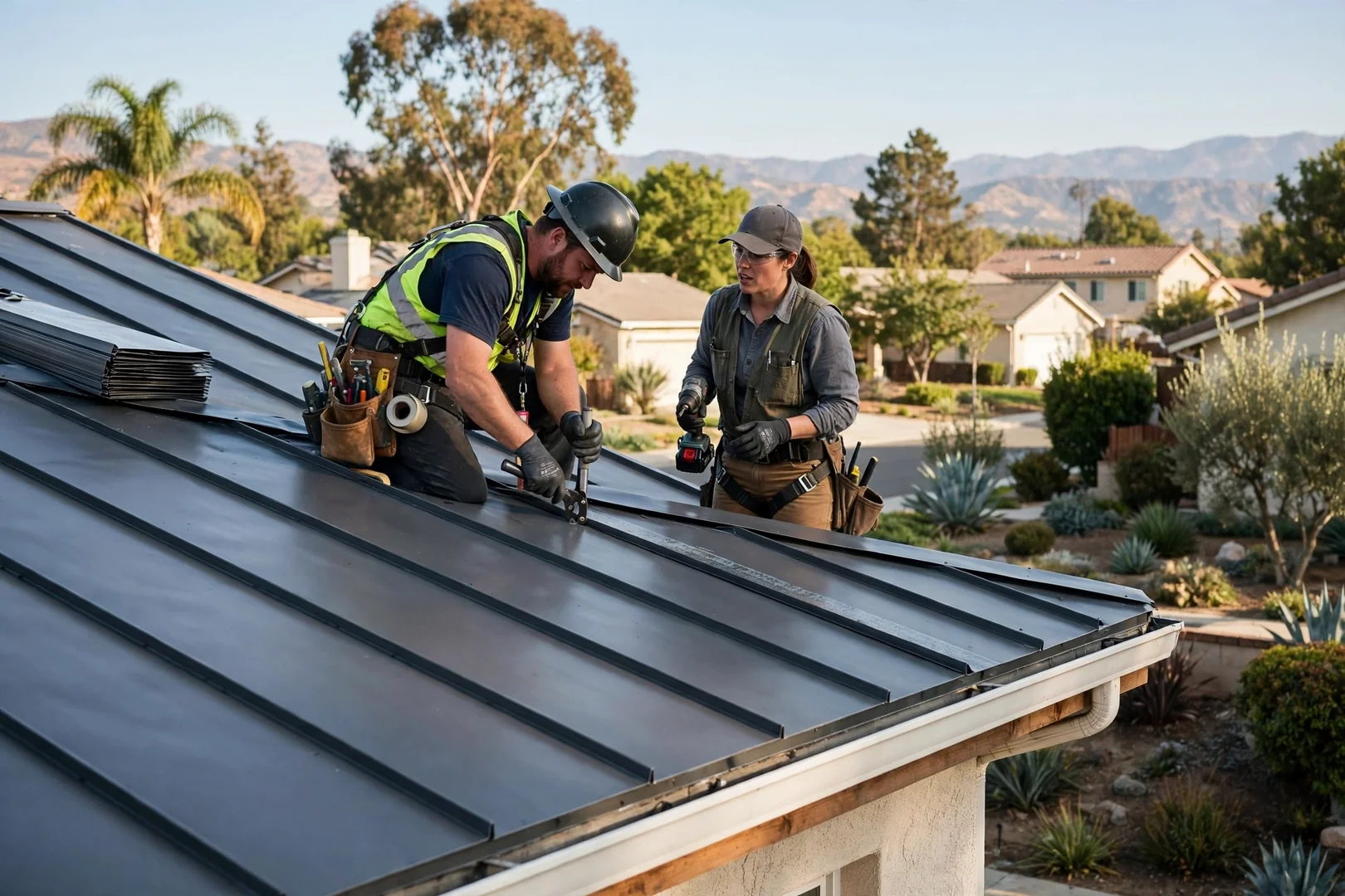 Standing seam metal roof panels aligned across a residential roof plane