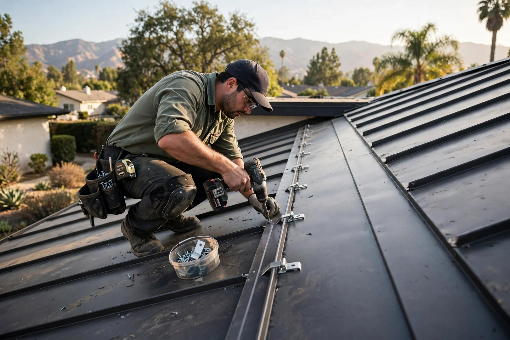 Installer securing concealed clips along a metal roofing seam line