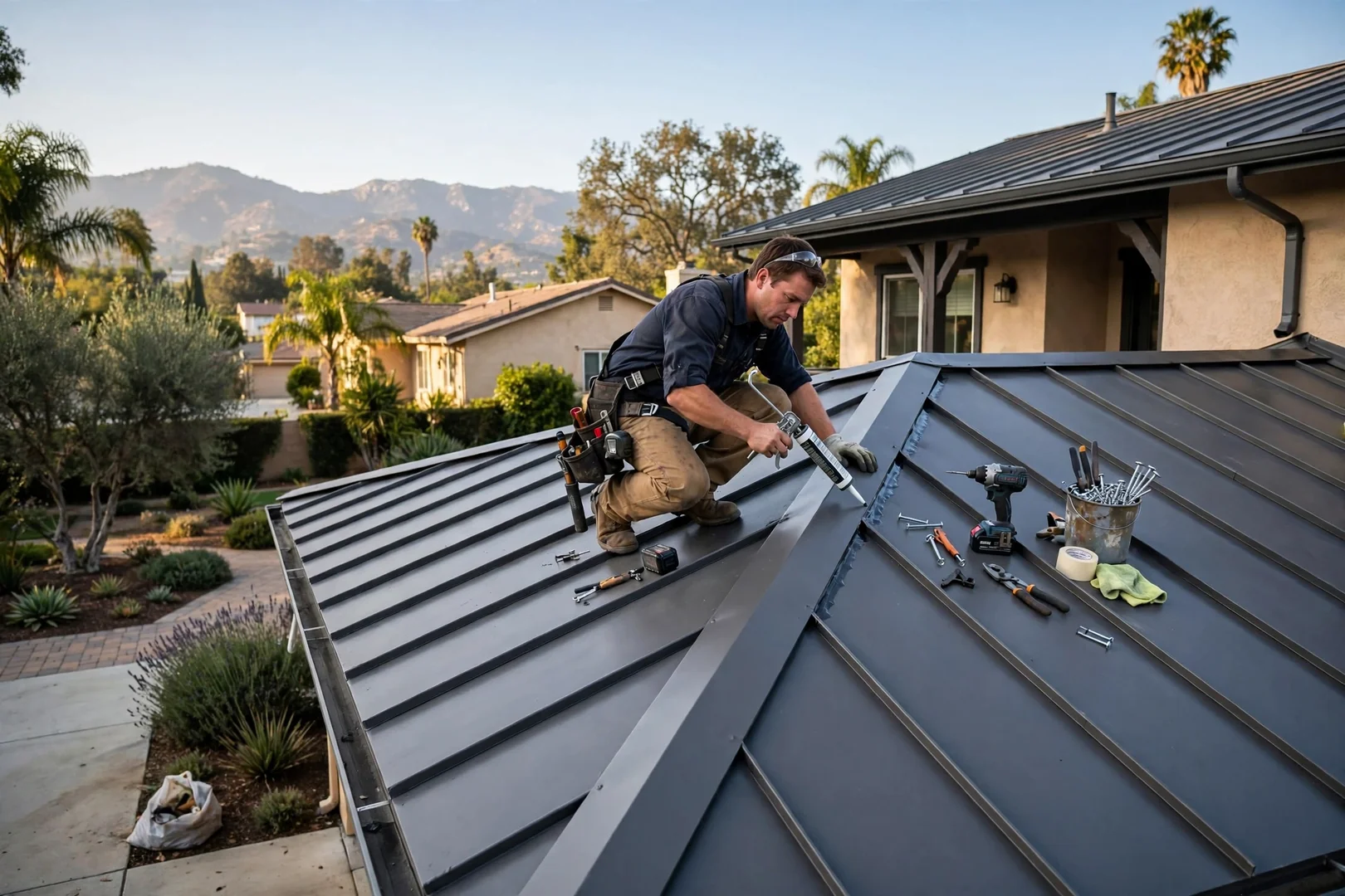 Finished metal roof with matching ridge cap improving home curb appeal