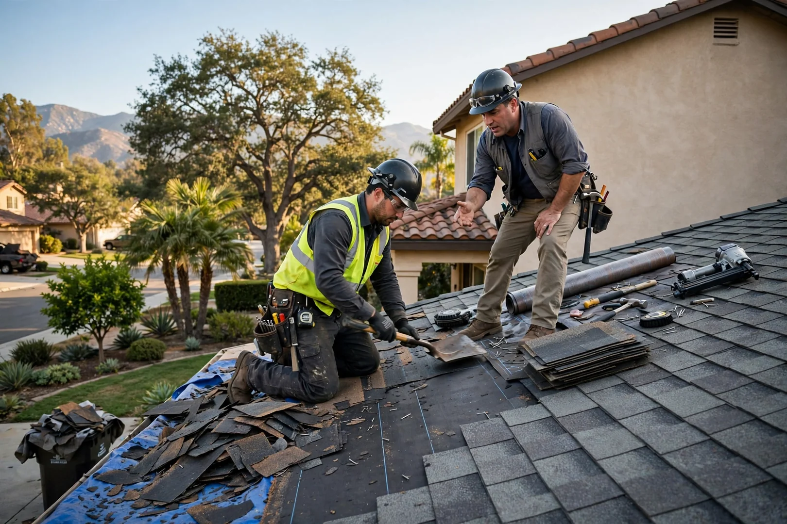 Roofer reviewing written inspection estimate with a homeowner outside an Arcadia property