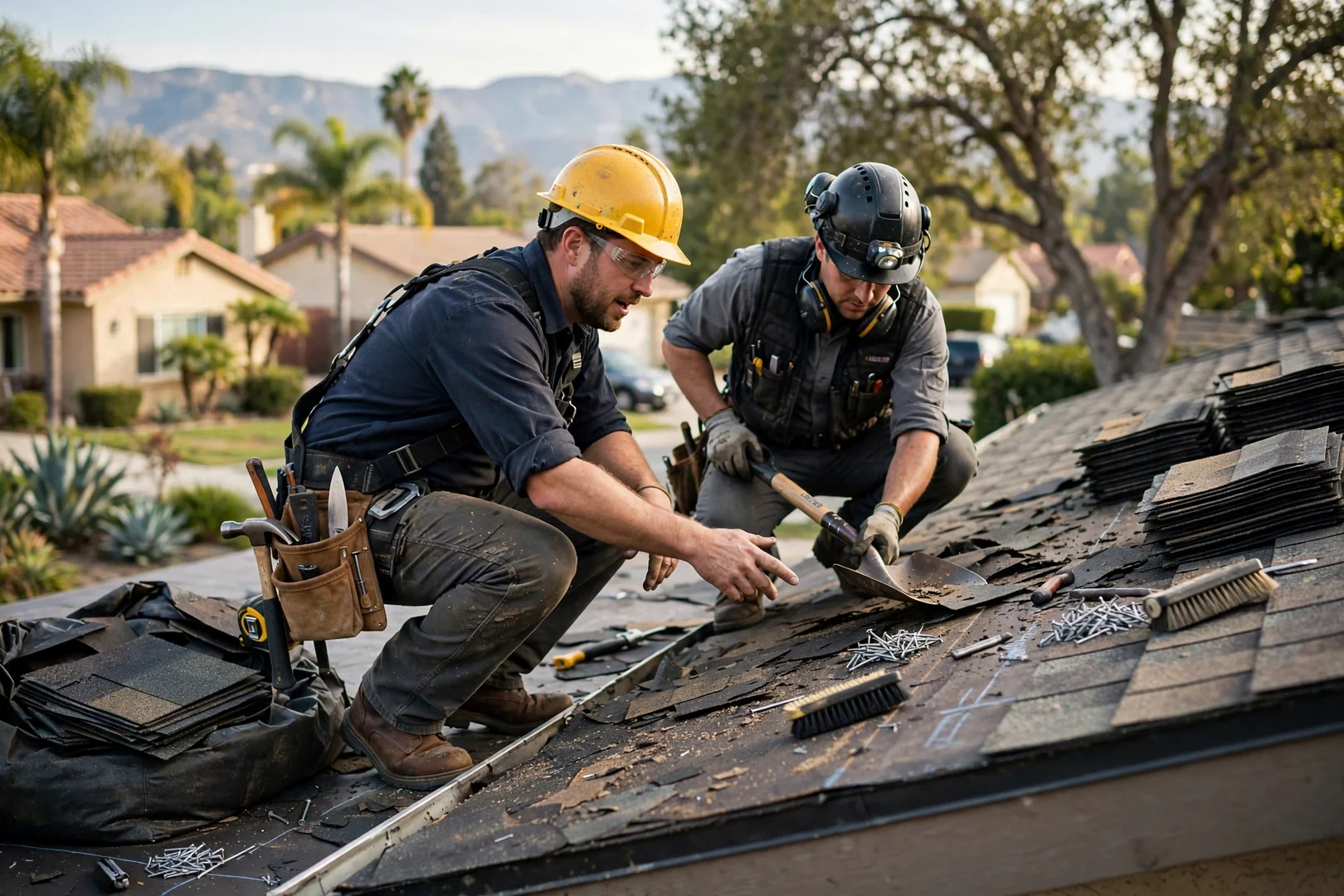 Written roof inspection estimate on clipboard beside measuring tools