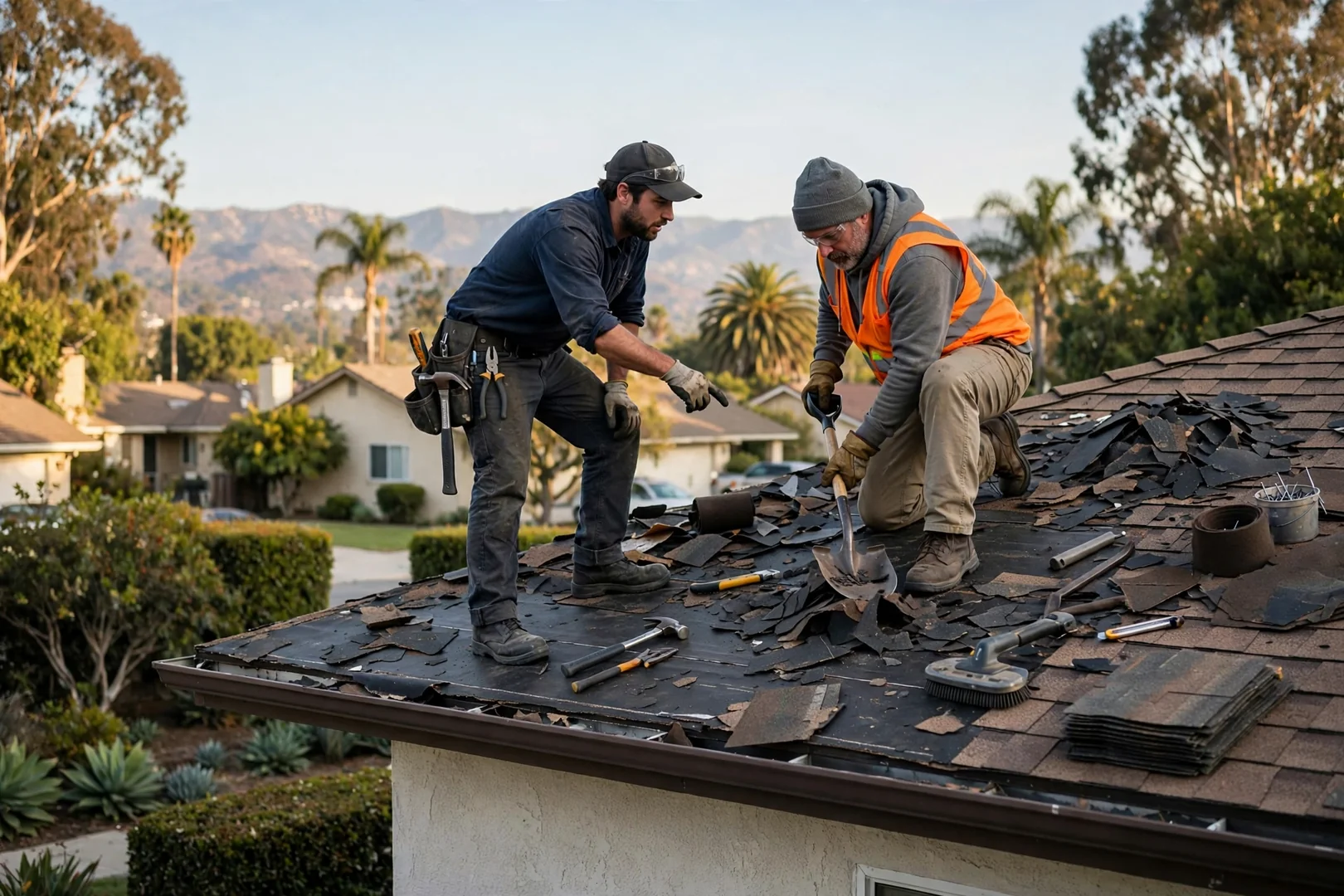 Roofing professional reviewing written inspection findings with a homeowner outside an Arcadia home