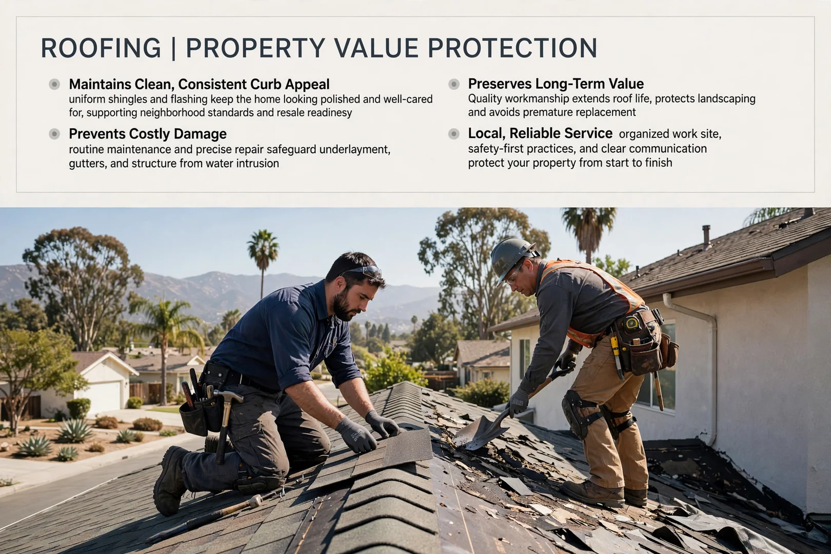 Inspector checking tile roof flashing and valley drainage