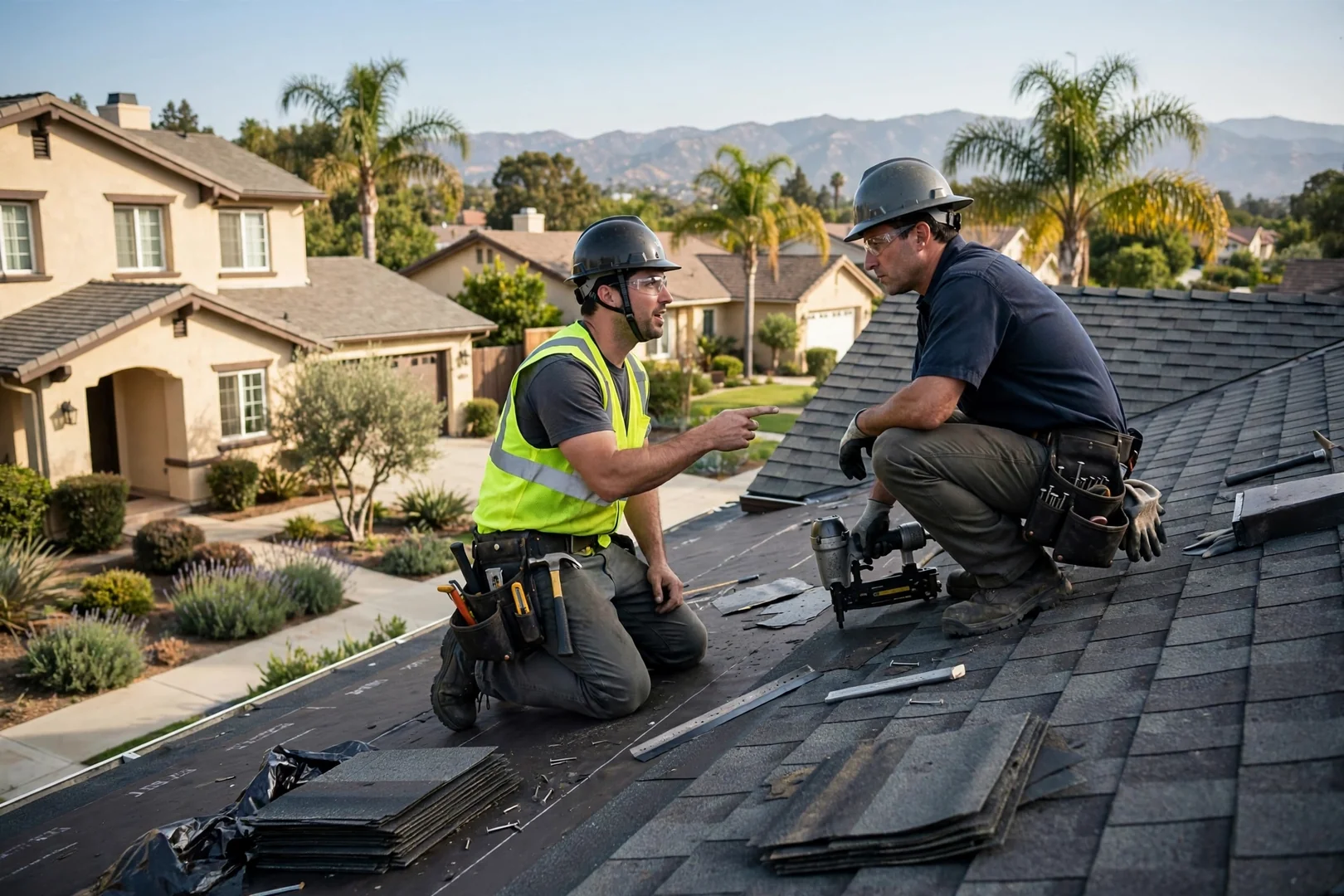 Roofing inspector examining tile flashing and valley detail on an Arcadia home