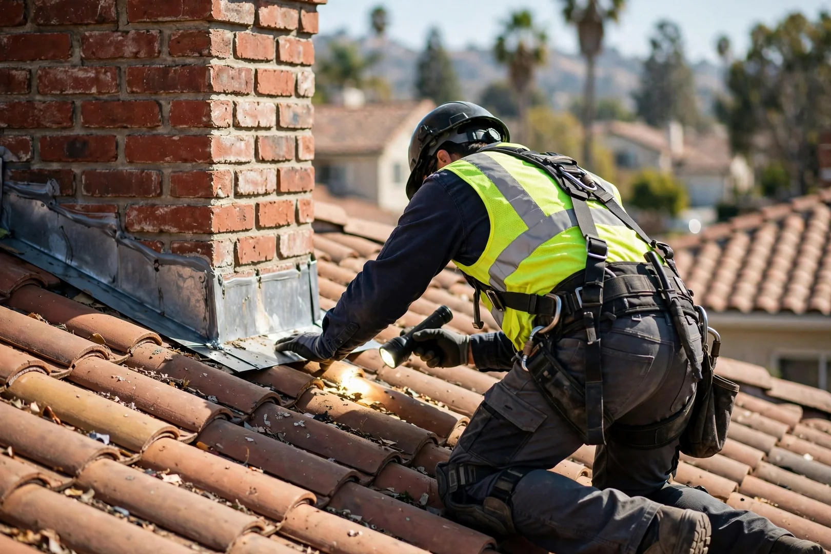 Roofing technician checking chimney flashing on an Arcadia tile roof during inspection