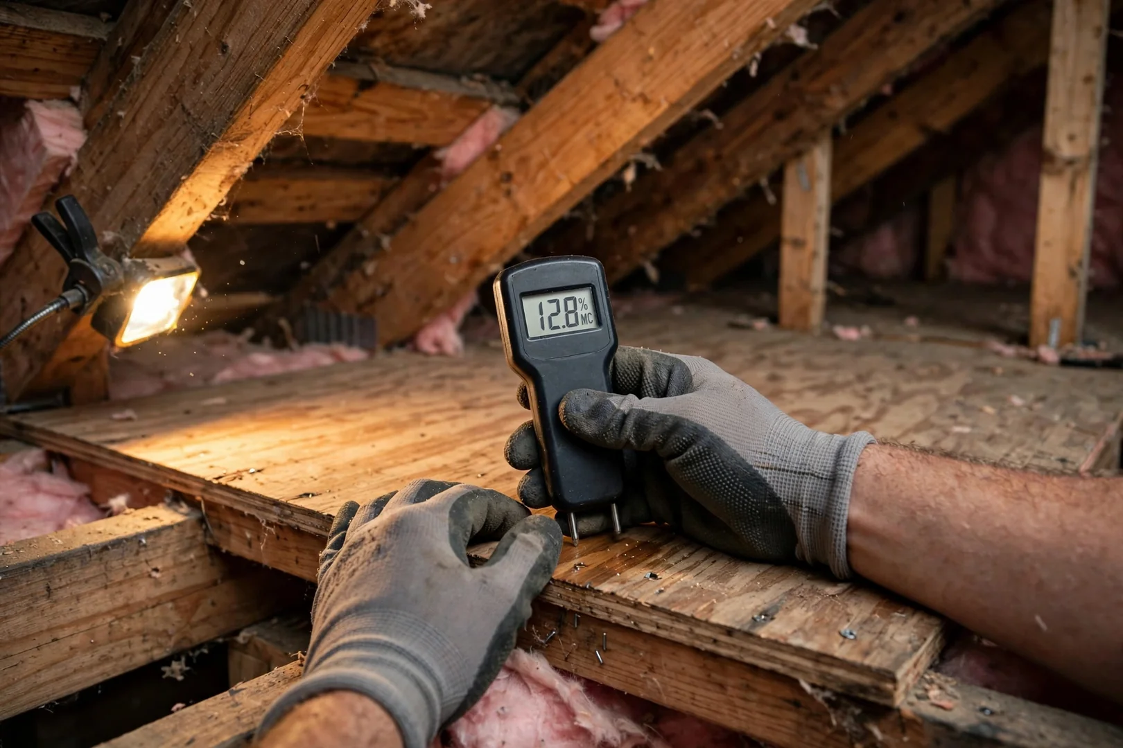 Moisture meter reading taken on attic decking to confirm suspected leak location