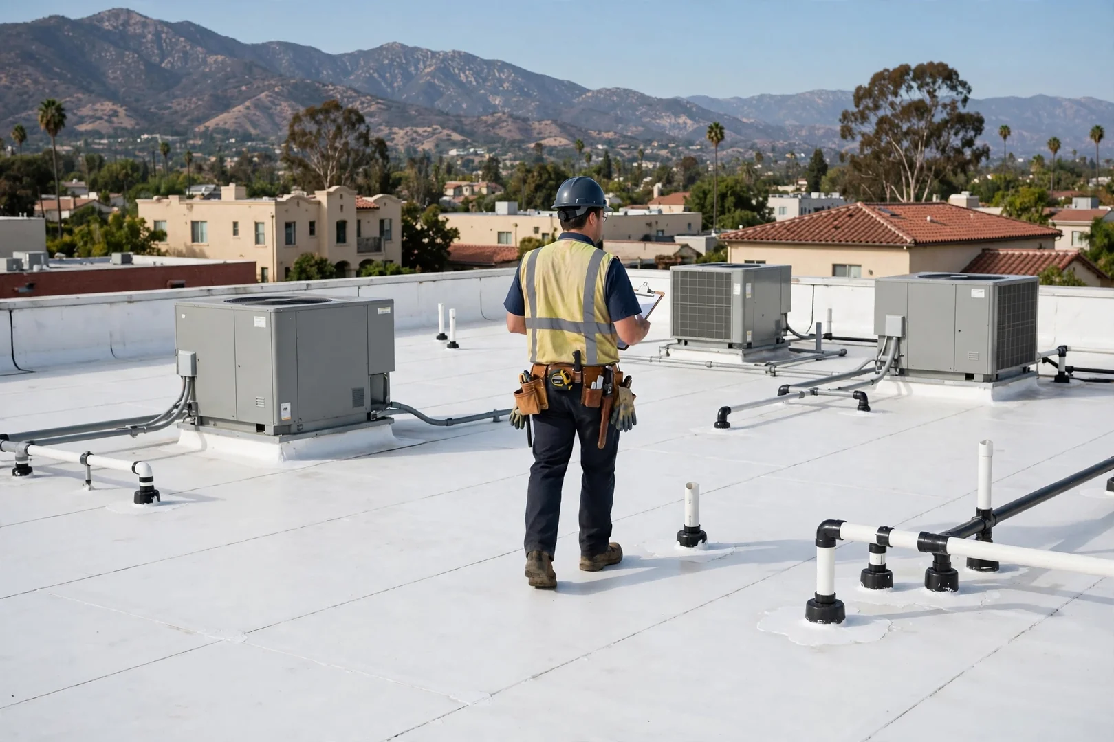 Commercial low-slope membrane roof inspected around rooftop mechanical equipment curbs