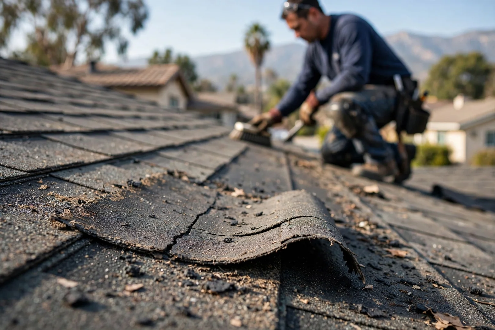 Close-up of granule loss and curled shingle edges documented during a roof inspection