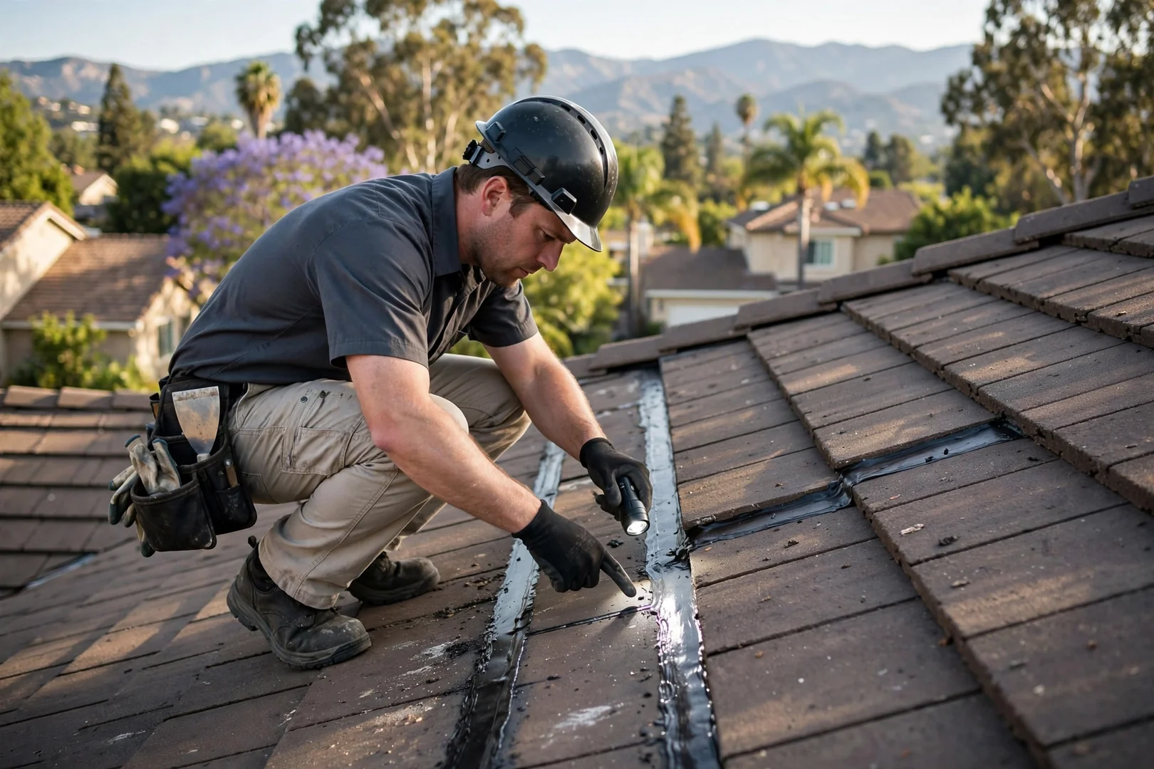 Inspector checking valley flashing and sealant condition on an Arcadia rooftop