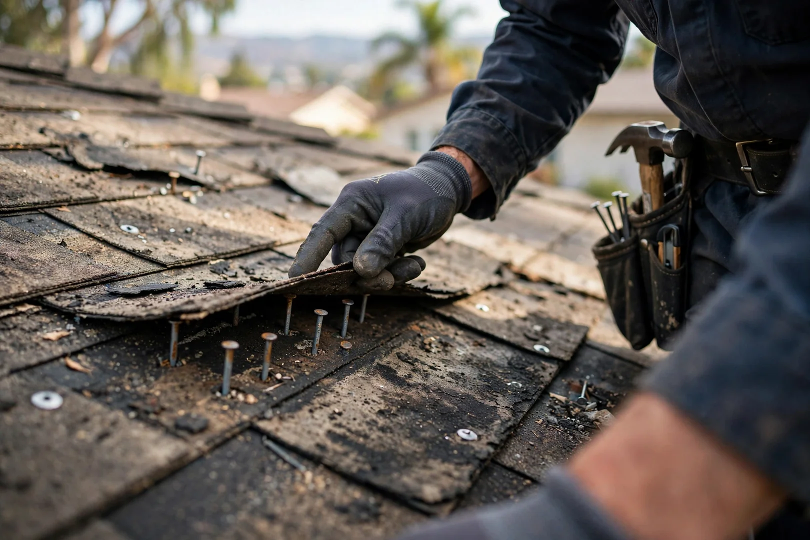 Close view of worn composition shingles and exposed nail heads noted in a report