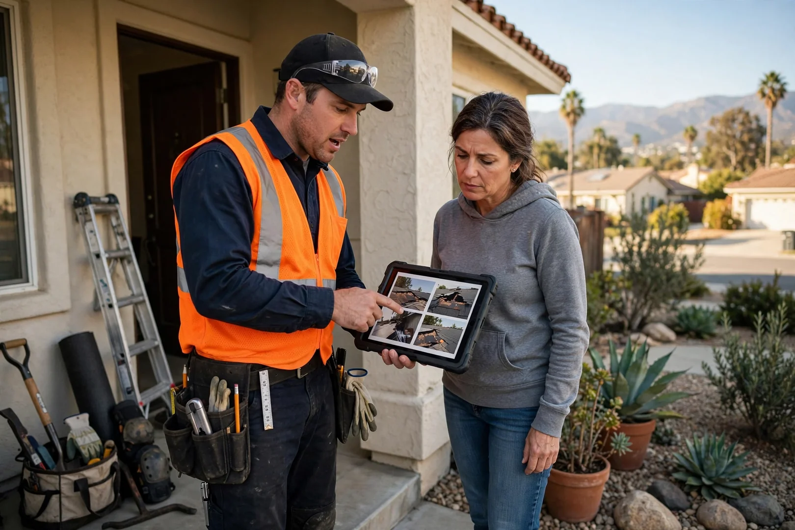 Roofing professional reviewing photo inspection findings with a homeowner at the front door