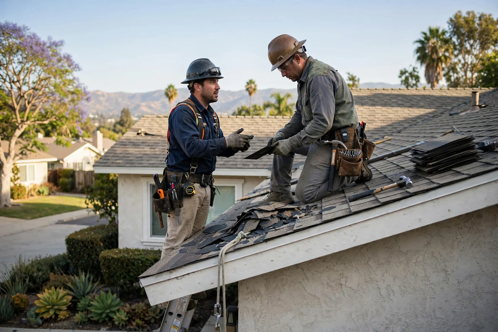Estimator measuring a damaged roof section while preparing a written repair estimate