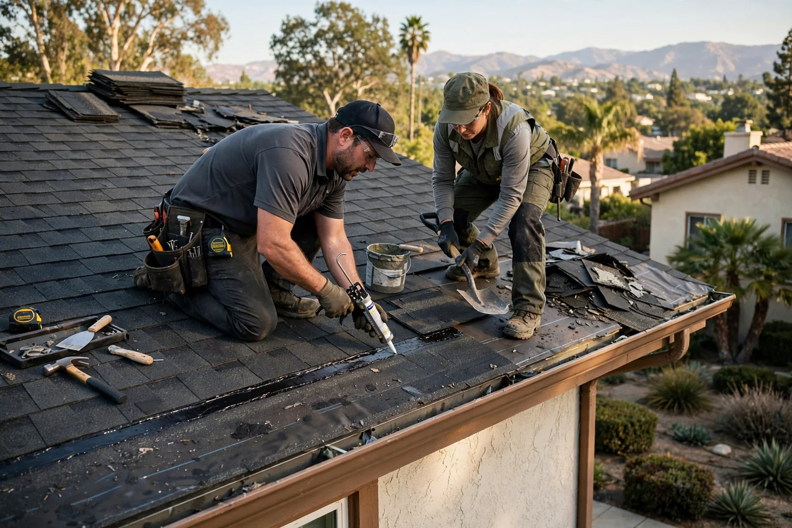 Repaired shingle section blending with surrounding roof on a residential home