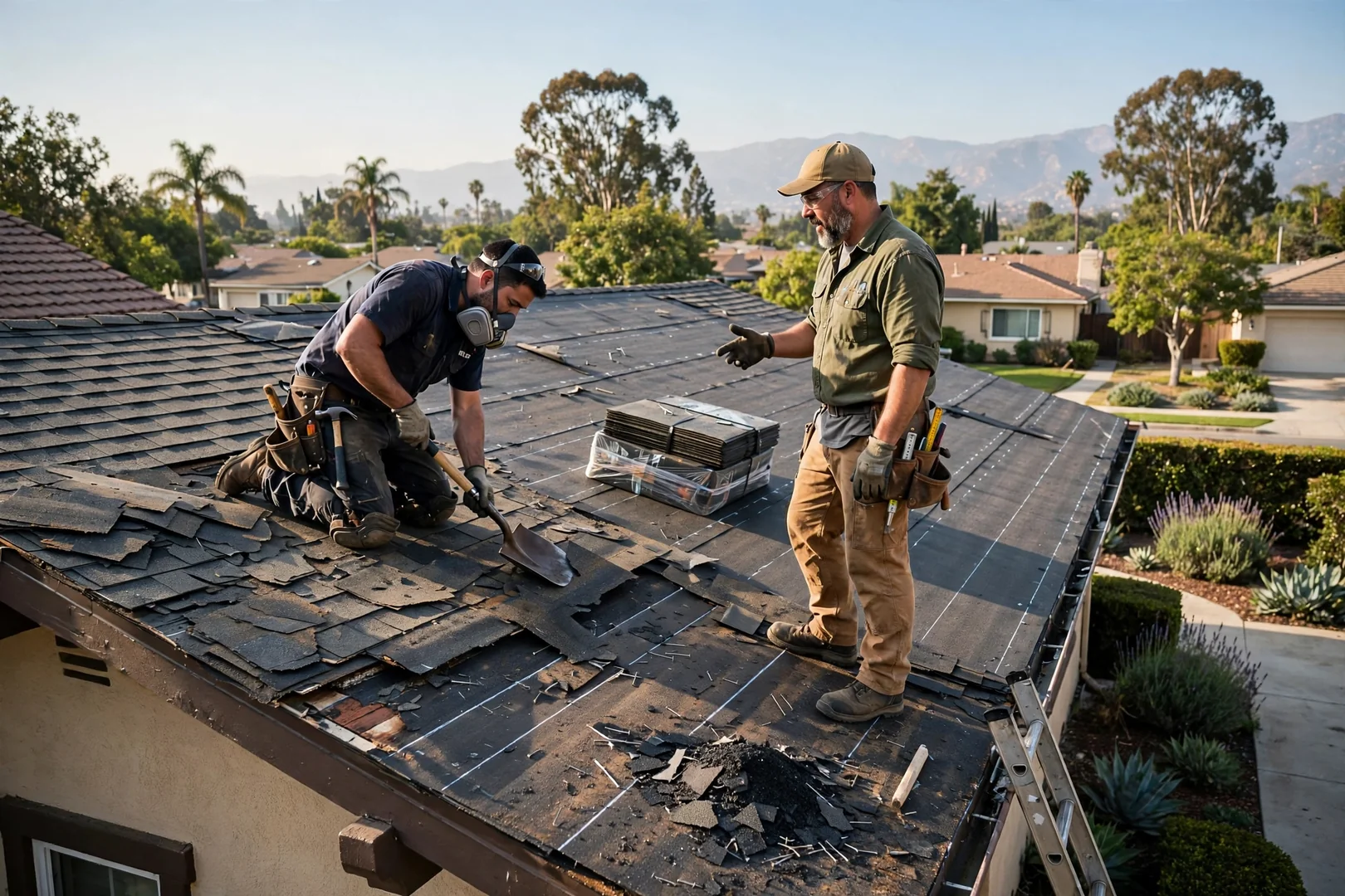 Roofing technician reviewing a written repair estimate with a homeowner in Arcadia